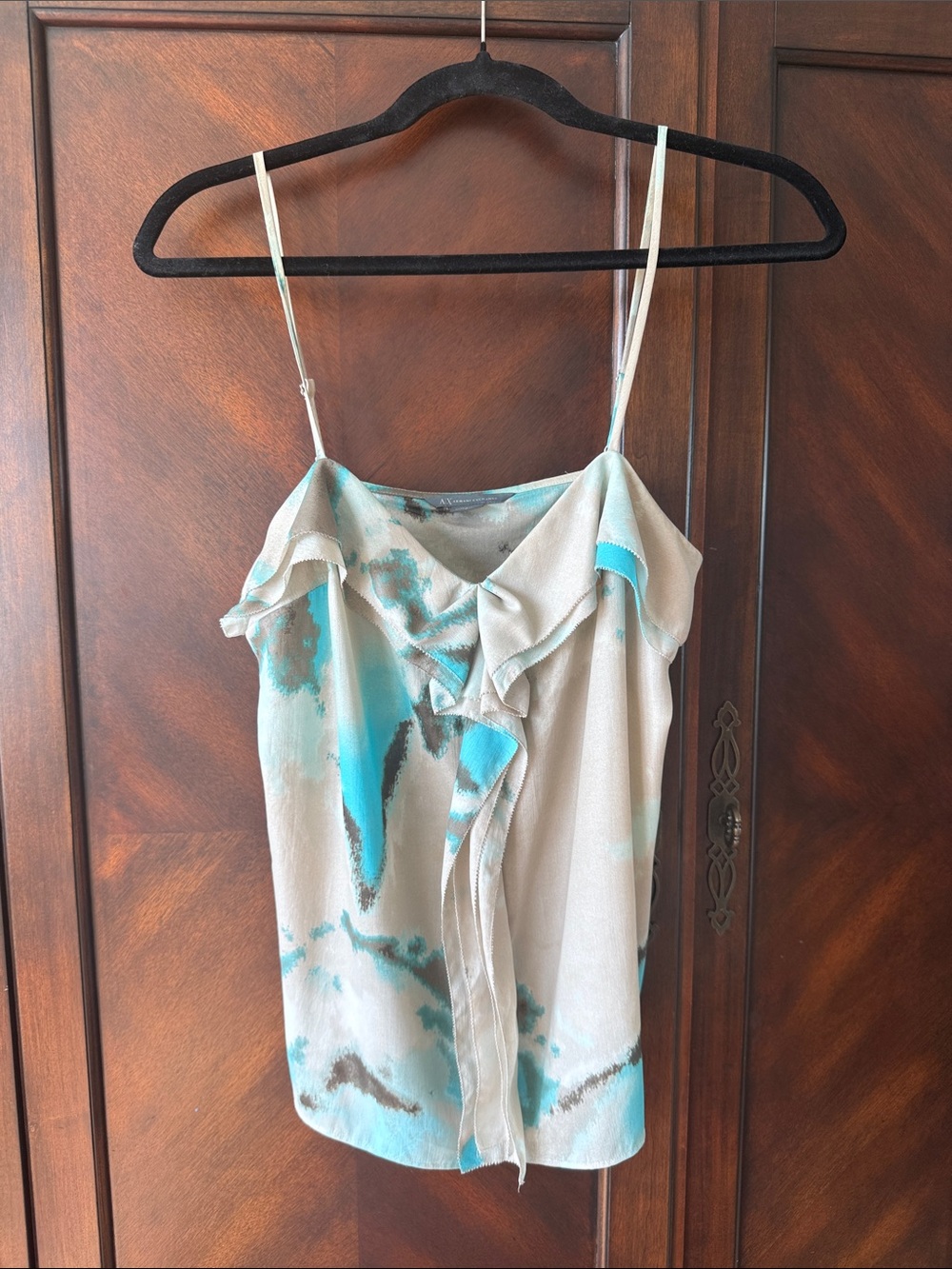 Armani Exchange Light Blue and Cream Watercolor Ruffle Cami